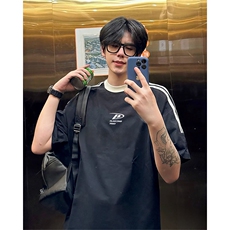 抖音得物供货240克宽松纯棉美式潮牌印花三杠半织带短袖T恤AT1611，男装T恤，电商A443