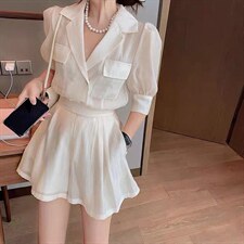 夏季新款韩版洋气西装领两排扣套装，女装西装，L·H·X