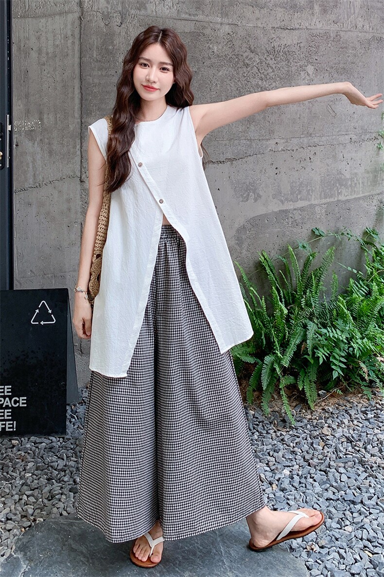 慵懒松弛感无袖背心套装女2025夏季新款复古气质格子半身裙两件套,女装套装/套裙,浙宝305