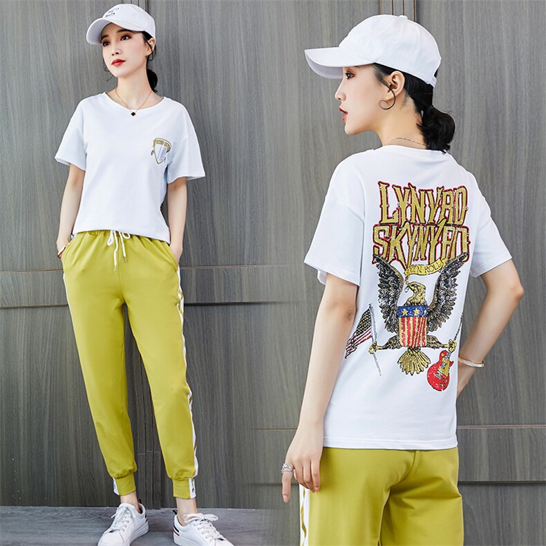 春夏装新款欧货图案印花短袖上衣T恤女休闲裤两件套装女,女装套装/套裙,凯瑟曼