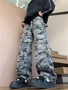 春季美式迷彩微喇牛仔裤潮 休闲做旧直筒高街工装裤伐木裤GJ39P45图片