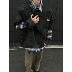 现货WY10095-P58加绒P68扎染撞色拼接格子假两件卫衣，男装卫衣，电商A059