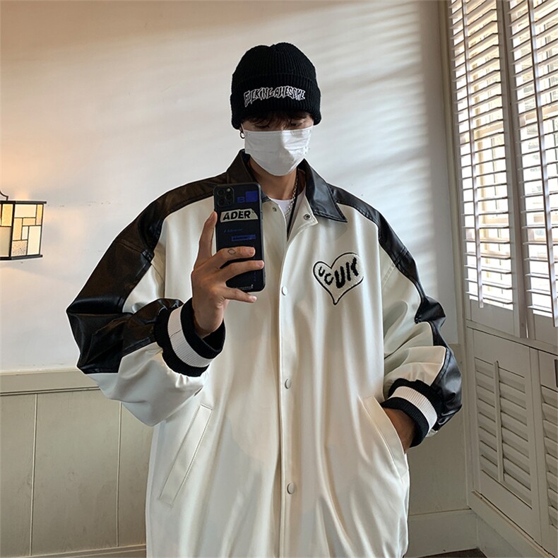 EQ114拼色毛巾绣皮衣外套男2024新款秋装情侣装夹克ins港风P108,男装夹克,电商C306-1