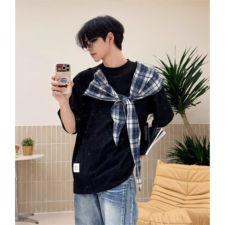 拼接格子布装饰高品质260克双纱纯棉美式高街短袖T恤特P35，男装T恤，电商A486-1