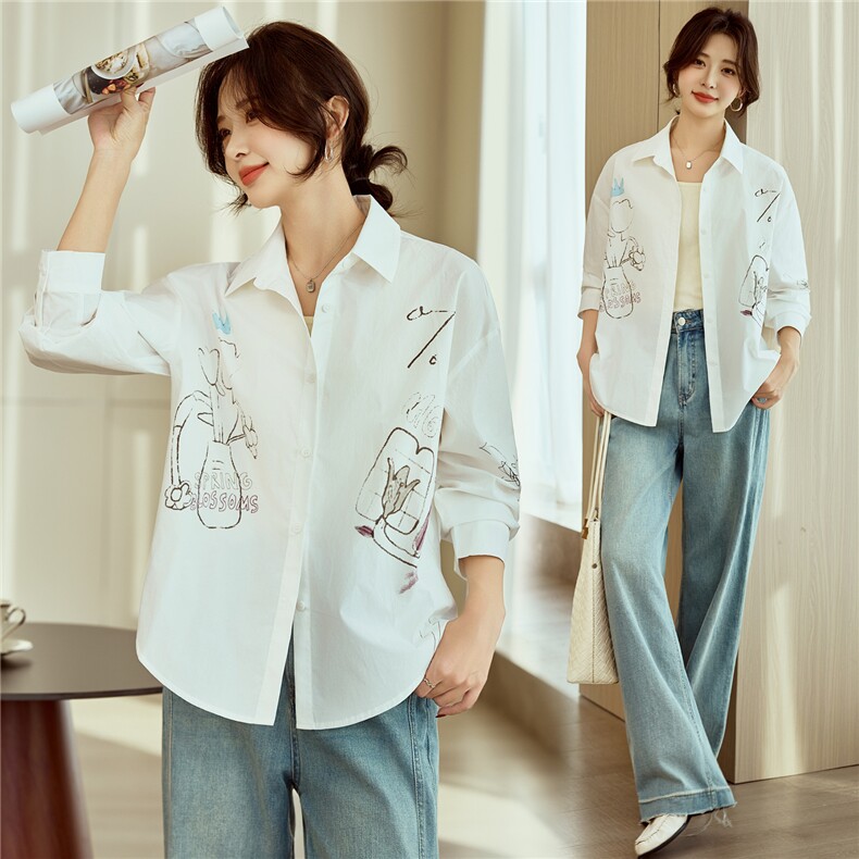 白色印花衬衫女春季新款休闲宽松基础款上衣百搭轻薄纯棉外套，女装衬衫，梦懿尔