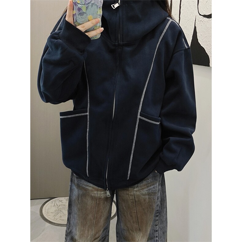 抖音得物高品质秋冬美式高街重磅结构辑明线纹理连帽卫衣外套W111,男装卫衣,电商A486