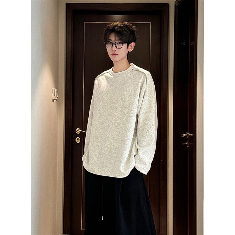 抖音得物高品质26春装设计感长袖打底衫纯色拉链肩圆领卫衣W123,男装T恤,电商A486