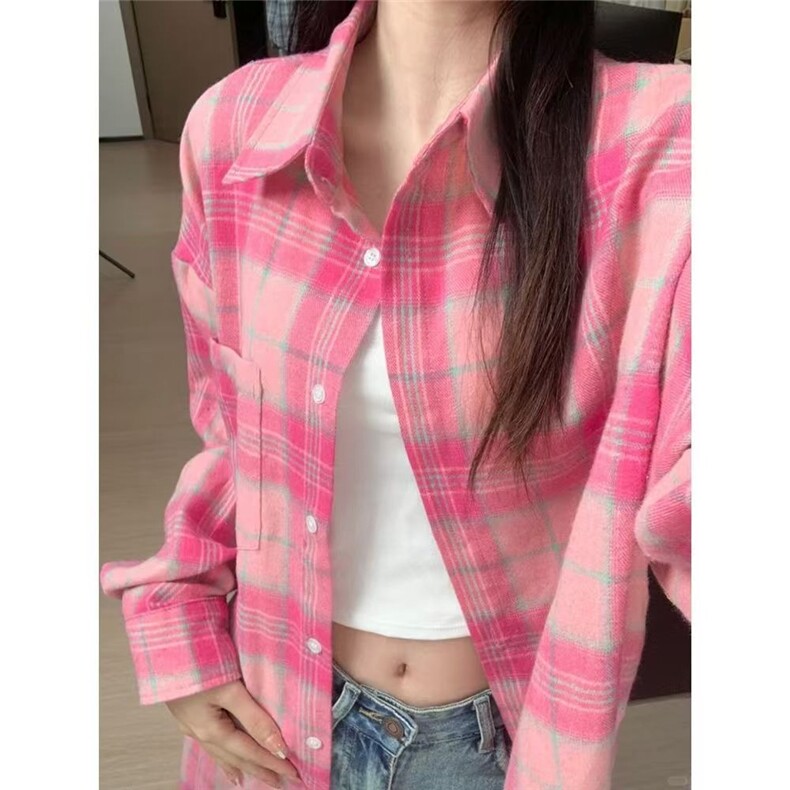 新款纯棉格子衬衫女宽松显瘦休闲百搭薄款衬衣外搭开衫潮,男装衬衫,星座1210-1