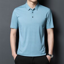 新款男装中年翻领带扣polo衫短袖上衣商务休闲宽松男条纹半袖P55，男装T恤，钱塘6003A(原)4033A