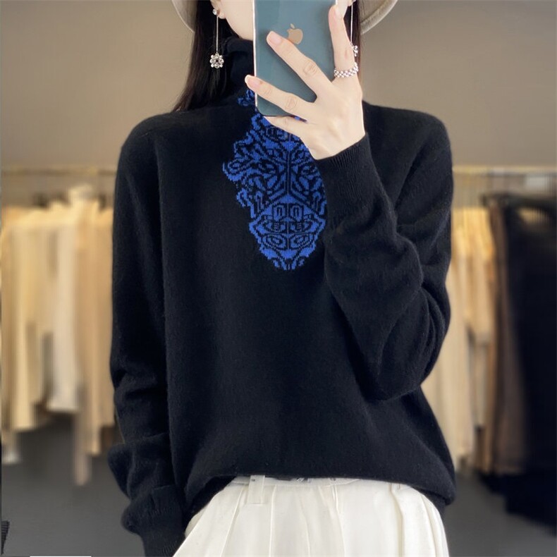 时尚潮流通勤长袖单件2024年秋冬季202323青花瓷堆堆领羊毛衫,女装羊毛衫,丽特绒