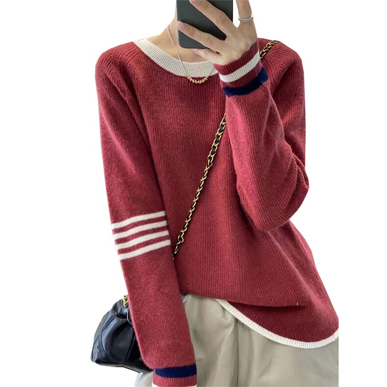 秋冬季羊毛休闲时尚百搭元宝圆领撞色羊毛衫,女装羊毛衫,越洋羊