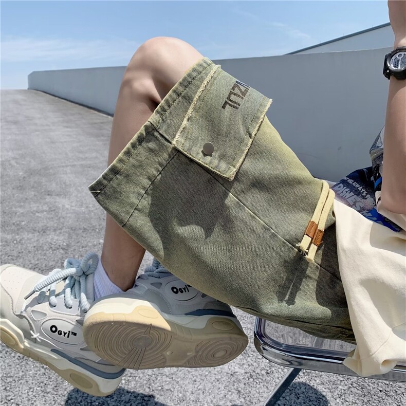 美式复古牛仔短裤男款夏季小众设计感黄泥裤子P38,男装牛仔裤,星座1116-2