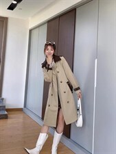 现货秋装新款拼皮风衣，女装风衣，艾涵o