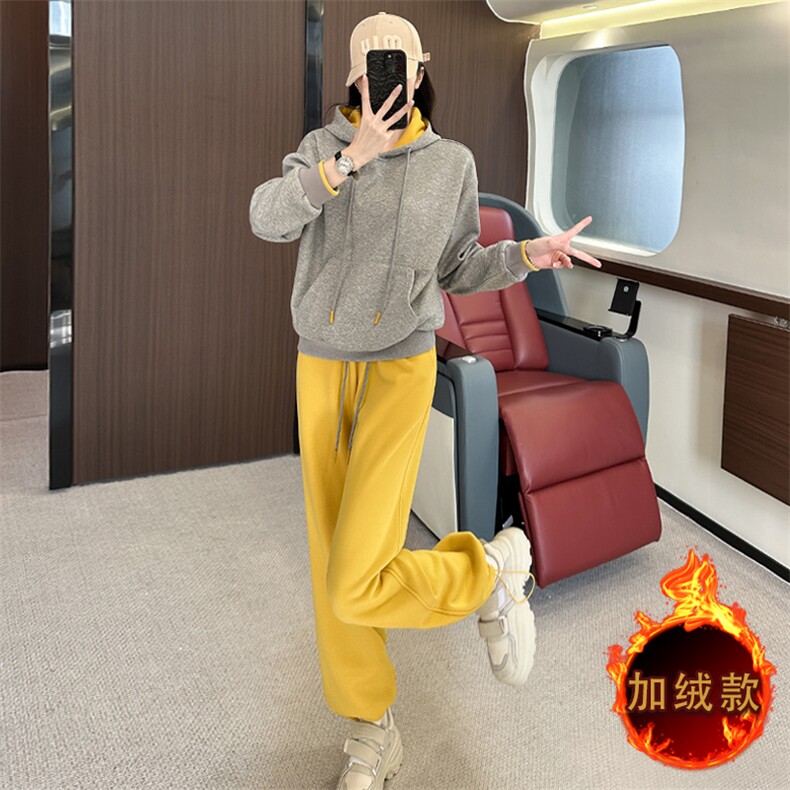 女秋冬加绒撞色连帽卫衣阔腿裤两件套,女装套装/套裙,江南