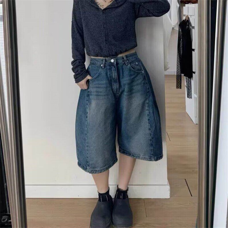 美式复古宽松弯刀五分裤男女街头高级感情侣牛仔短裤潮LD2399-P45,男装牛仔裤,星座1008