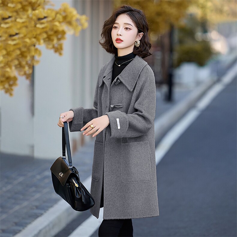 双面羊毛大衣女中长款2025冬季新款小个子高级感时尚连帽毛呢外套,女装双面呢大衣,琦鑫阁（原依鑫阁）