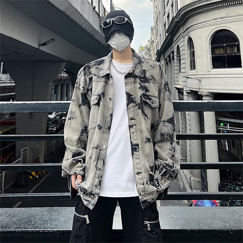 美式牛仔外套男春扎染破坏牛仔衣设计感高街夹克潮NT521P75图片