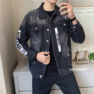 JK302-P90-现货店主风牛仔夹克肥仔量足破洞印花大码图片