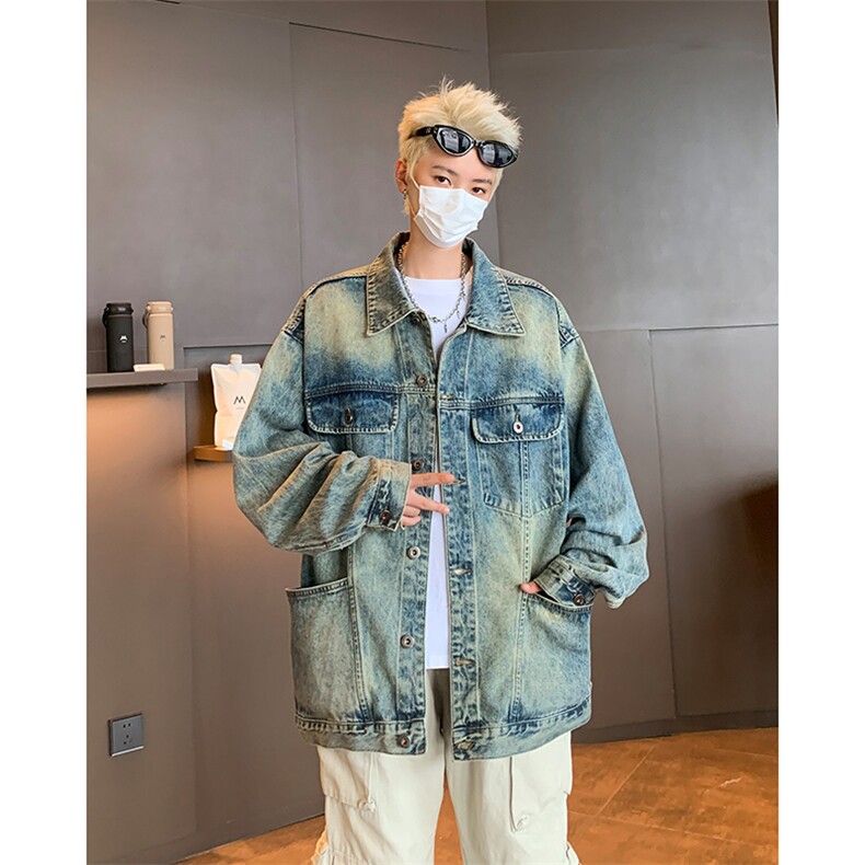 美式工装牛仔外套男款宽松秋季重磅水洗复古多口袋翻领夹克,男装夹克,星座410-6（原星座1304-1）