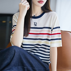 拼色圆领100%莱赛尔天丝针织短袖T恤女刺绣字母半袖宽松打底上衣，女装针织衫/毛衣，郡淞羊绒