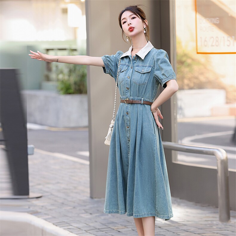 短袖牛仔连衣裙女夏薄款2025年新款腰带高级感显瘦法式衬衫裙收腰,女装连衣裙,意芙