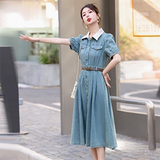 短袖牛仔连衣裙女夏薄款2025年新款腰带高级感显瘦法式衬衫裙收腰，女装连衣裙，意芙