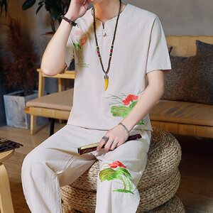 短袖T恤男2021夏季新款棉麻风刺绣套装男士一套唐装TZ024图片