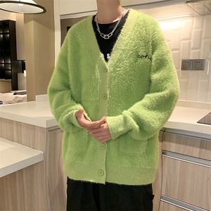 美式复古多色水貂毛软糯v领针织开衫男女情侣秋慵懒毛衣外套图片