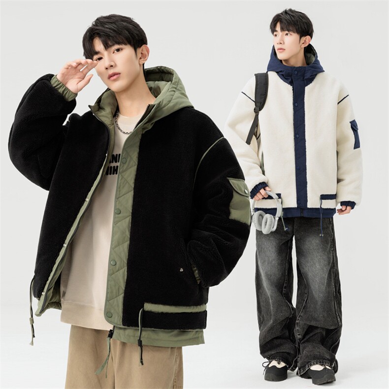 羊羔绒棉衣男秋冬季加厚外套连帽青少年棉服2025新款男士棉袄防寒，男装棉衣，电商A409-1