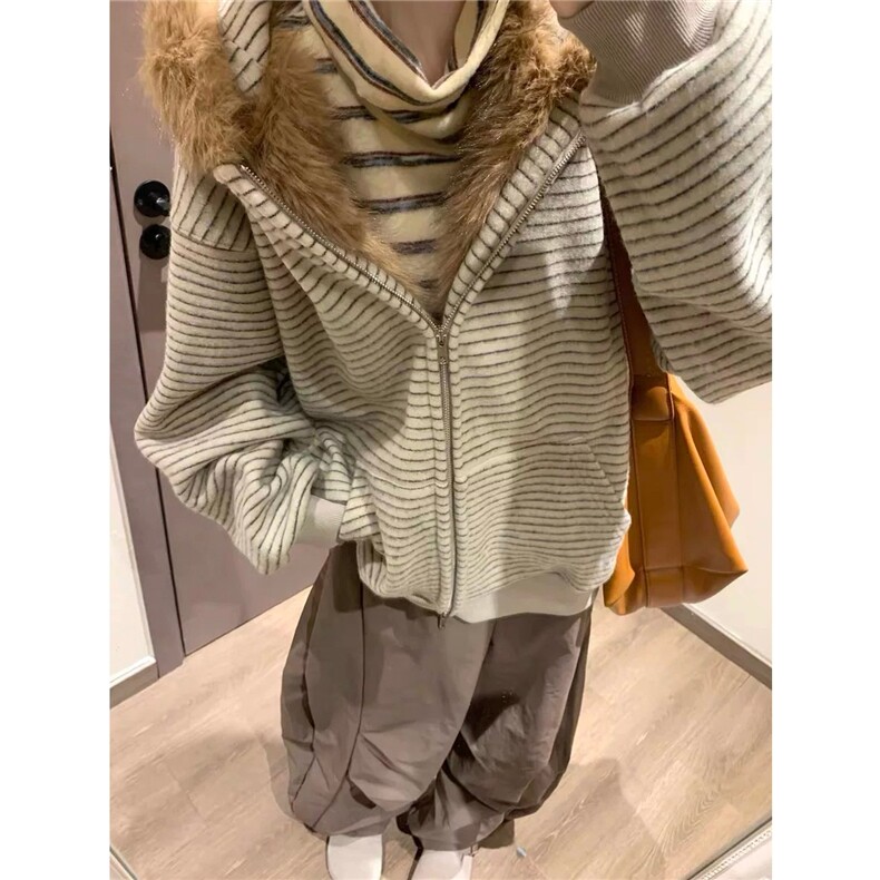 1506-1/MA2791/P78美式复古毛领条纹连帽卫衣外套冬加绒小众情侣,女装短外套,星座1506-1
