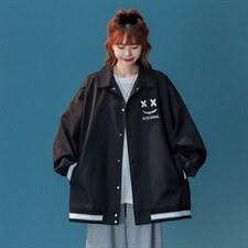 中性风秋季宽松休闲棒球服纯色笑脸情侣外套女G6720P65控78，女装短外套，电商A268