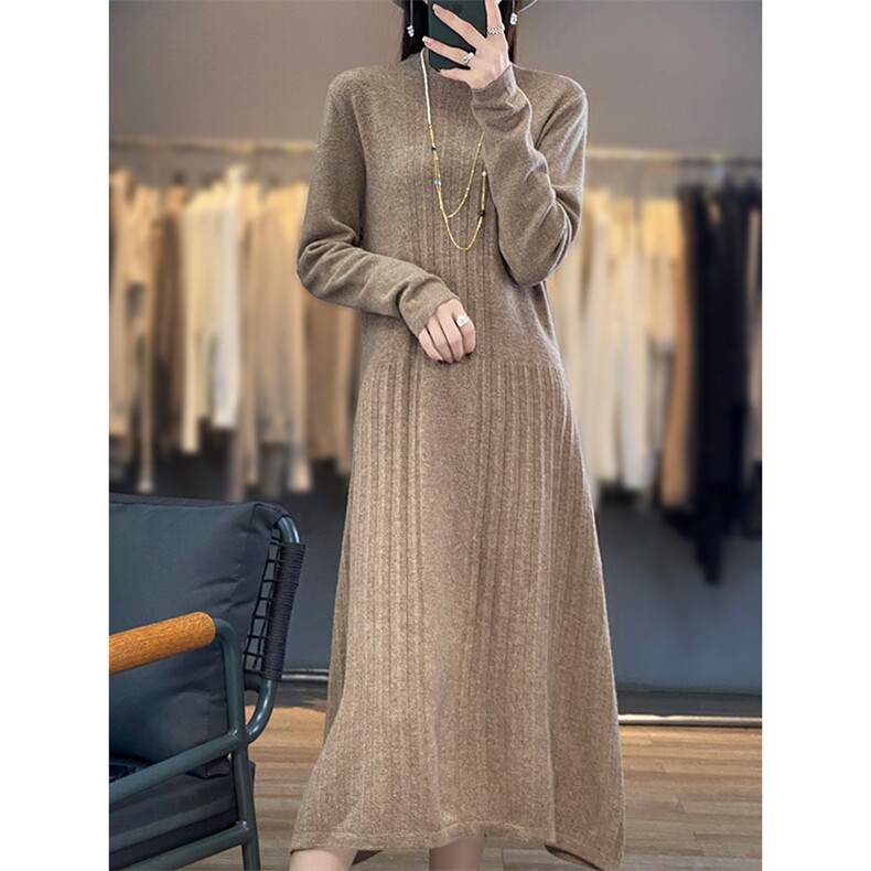 秋冬新款高领长袖羊毛连衣裙女修身显瘦气质百搭针织裙,女装连衣裙,狄美羊绒