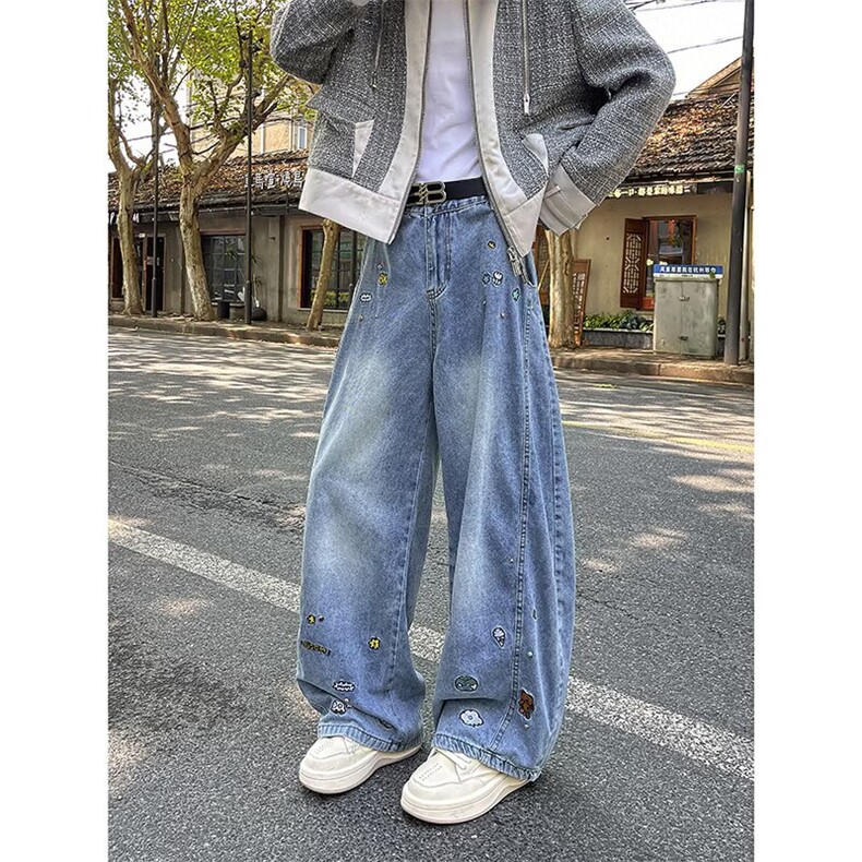 美式刺绣阔腿牛仔裤女2025秋冬新款宽松休闲拖地长裤RK3204-P57,男装牛仔裤,星座412-3