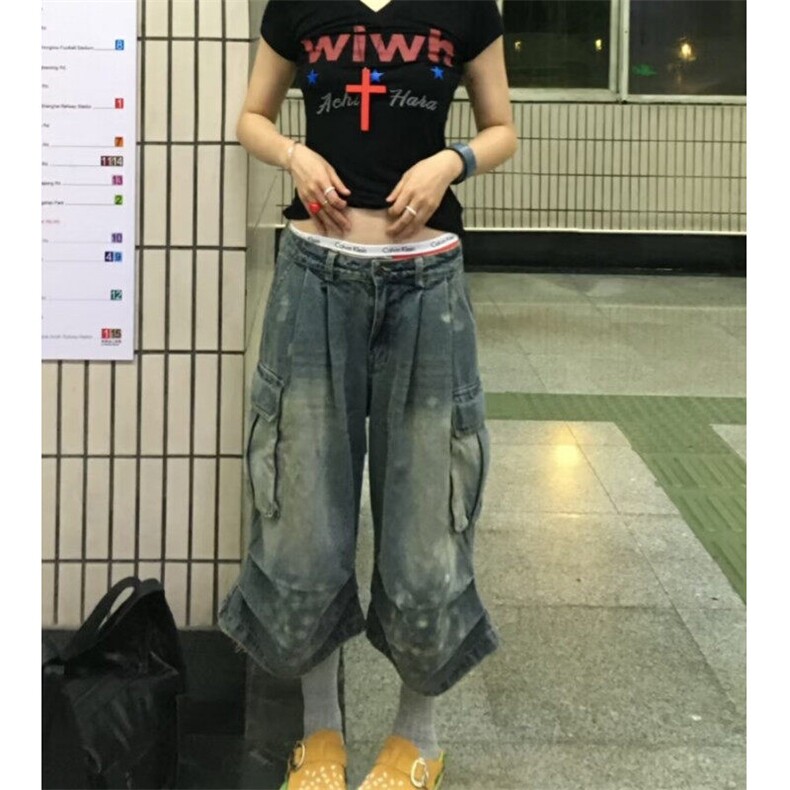 大码美式复古水洗七分牛仔裤夏季新款设计感宽松休闲直筒阔腿裤图片