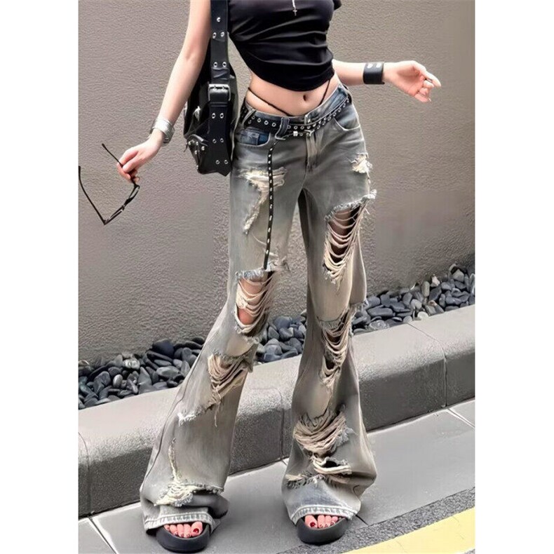 复古破洞牛仔裤女夏季2025新款街头辣妹风穿搭阔腿长裤NA204,男装牛仔裤,星座1116A（原606A-3）