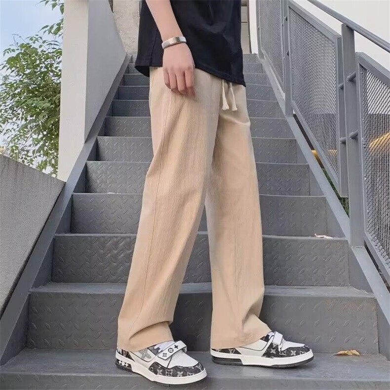 棉麻裤子男夏季薄款宽松潮牌运动休闲裤新款男裤卡其色亚麻阔腿裤,男装休闲裤,星座1210-1