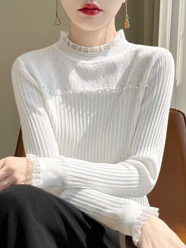 蕾丝花边荷叶领打底衫女2025新款秋冬内搭洋气减龄钉珠小香风上衣,针织衫/毛衣,萱芳婷羊绒