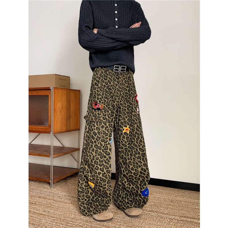 美式高街豹纹工装长裤秋季小众设计感宽松复古高腰阔腿休闲长裤，男装牛仔裤，星座1018A