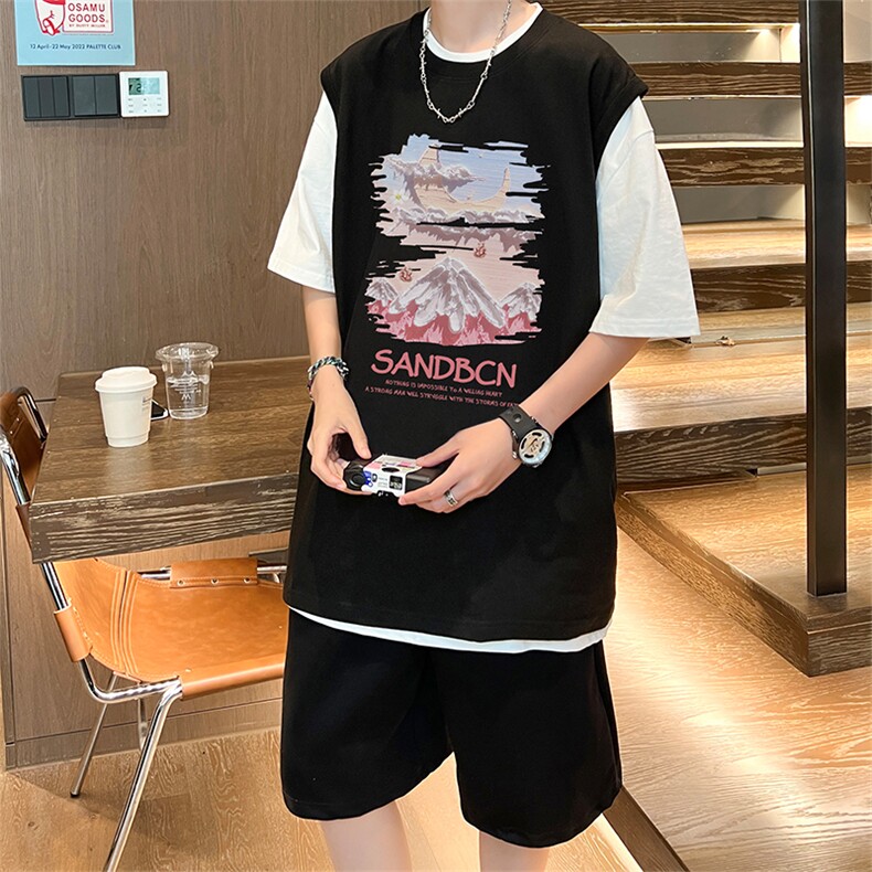 直播品质美式宽松纯棉背心无袖t恤短裤大码两件套套装TZ91-P58,男装T恤,电商A486