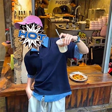 得物抖音高品质二开夏季美式潮牌高街假两件格子衬衣翻领短袖T恤，男装T恤，电商A486