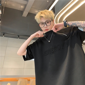 港风单侧金属拉链钢印潮流短袖T恤男DT77784P45控59：供抖音视频