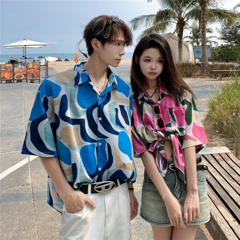 港风复古夏威夷满印短袖cleanfit花衬衫男女泰式情侣休闲沙滩衬衣,女装衬衫,电商C306-1