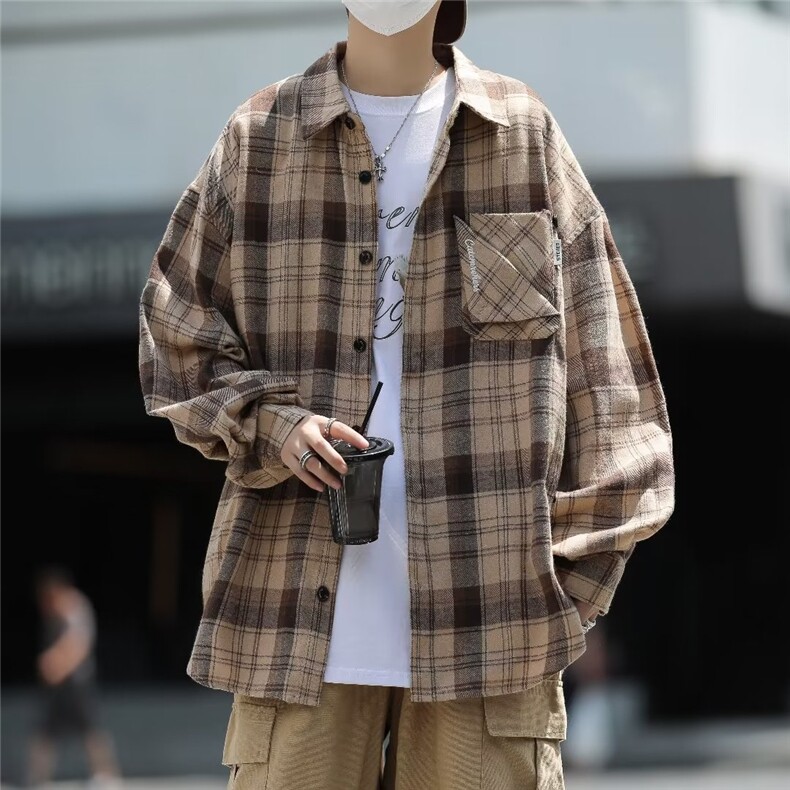 43%棉格子长袖衬衫男女情侣款宽松衬衣1254-P38,男装衬衫,星座910-5