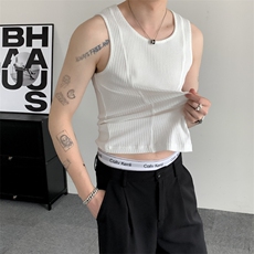 夏装小众竖条纹无袖背心大码背心性感无袖T恤男女肌理感上衣，男装T恤，星座909