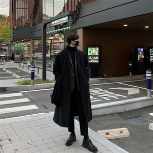 韩系中长款毛呢大衣男秋英伦风高街痞帅风衣复古潮流情侣呢子外套图片