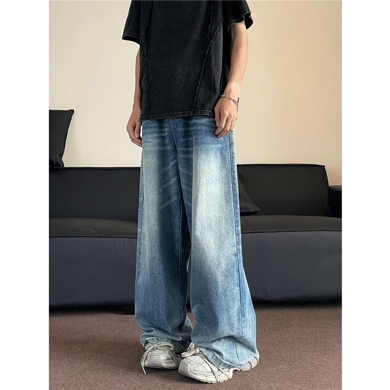 美式复古牛仔裤男女水洗做旧宽松直筒裤潮牌小众设计微喇裤~NK177,男装牛仔裤,星座601-2
