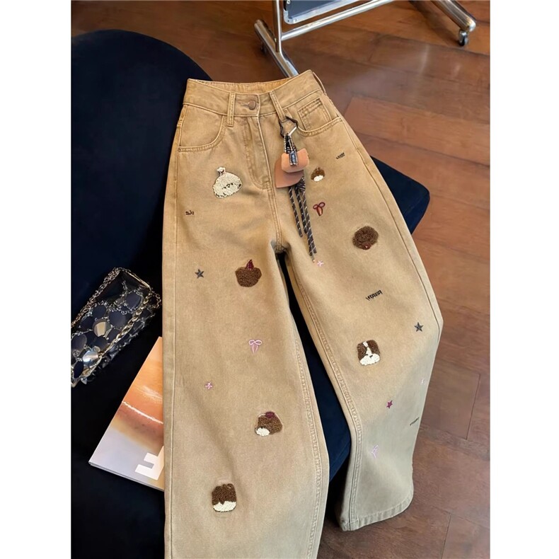 有货。。小狗刺绣卡其色牛仔裤女宽松垂感阔腿长裤K6950-特批P47,男装牛仔裤,星座412-3