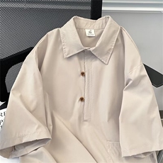 港风复古纯色工装短袖衬衫男女情侣休闲宽松半袖衬衣外套~C110，男装衬衫，星座601-2