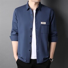 春季新款立领纯棉潮流衬衫百搭宽松休闲长袖男士衬衣QLM77274-P80图片