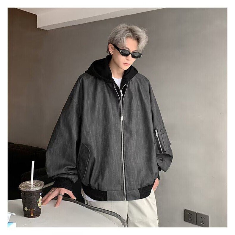 网图假两件连帽外套男春秋暗黑痞帅宽松飞行员夹克J8539-P80,男装夹克,星座1001-1